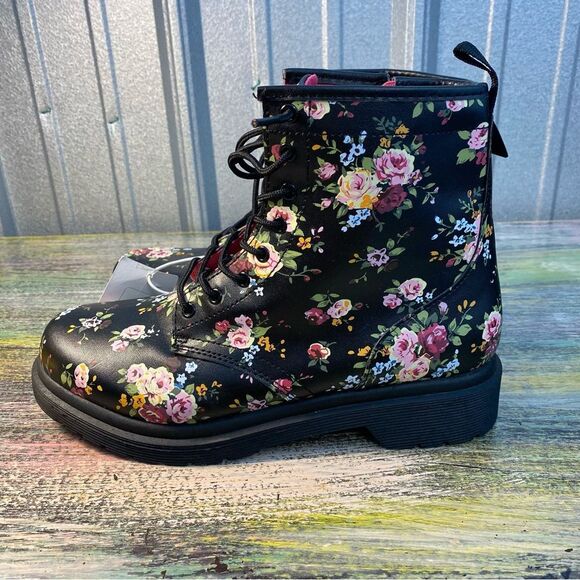 Cherokee Black and Pink Combat Boots with Floral Design - Picture 4 of 7